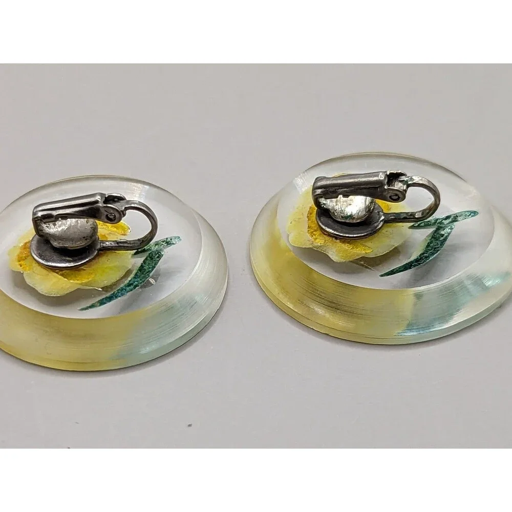 Vintage Lucite Yellow Rose Earrings